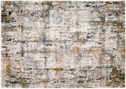 Designer Teppich mit abstraktem Muster in Grau-, Beige- und Ockertönen, Draufsicht