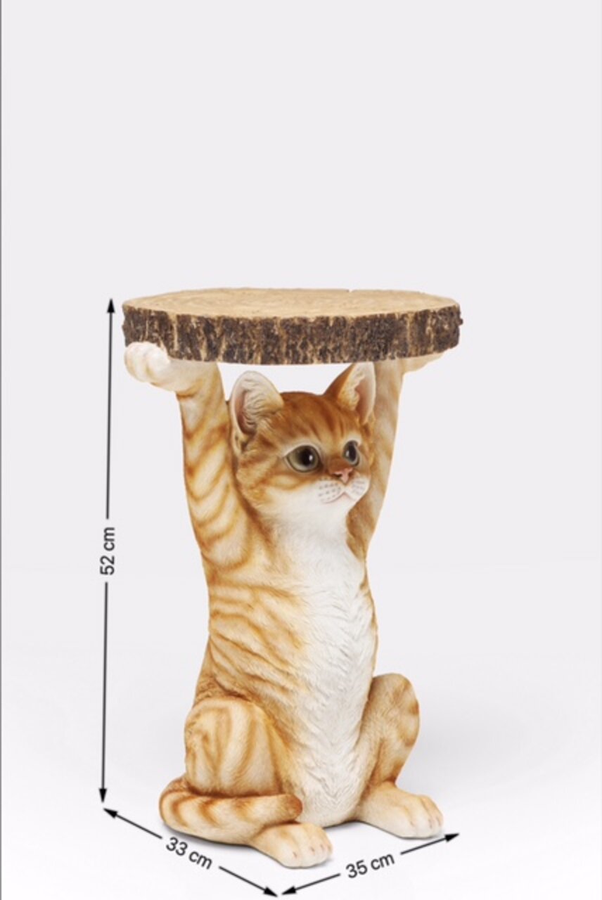 Beistelltisch in Form einer sitzenden Katze, die eine runde Tischplatte hält, seitliche Perspektive.