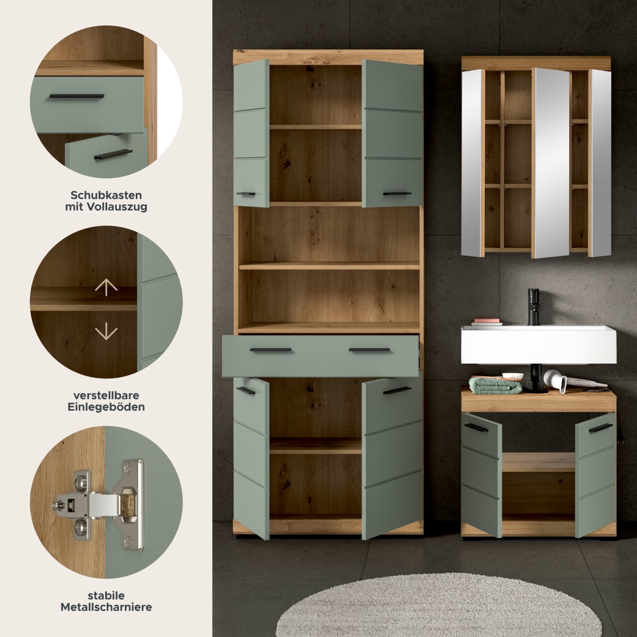 Modernes Badezimmermöbel-Set aus Holzoptik mit salbeigrünen Fronten: hoher Hochschrank mit geöffneten Türen und Schublade, Spiegelschrank und Waschtischunterschrank mit Aufsatzwaschbecken; Frontansicht.