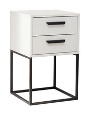 Moderne Nachtkommode mit zwei Schubladen, weißem Korpus und schwarzem Metallgestell, seitliche Perspektive