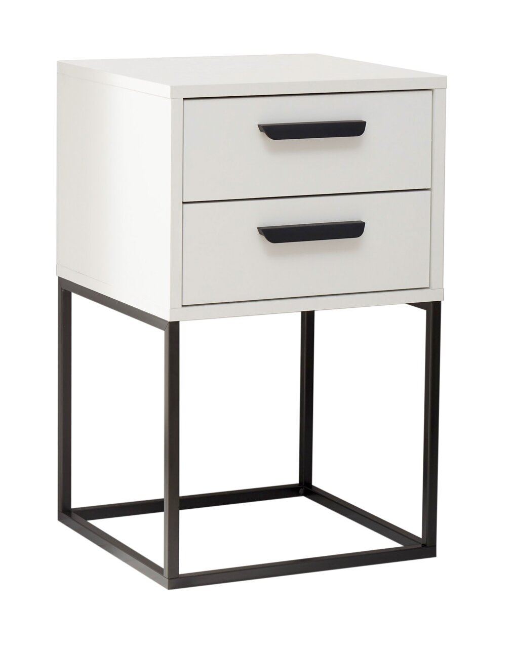 Moderne Nachtkommode mit zwei Schubladen, weißem Korpus und schwarzem Metallgestell, seitliche Perspektive