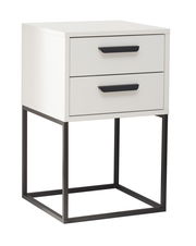Moderne Nachtkommode mit zwei Schubladen, weißem Korpus und schwarzem Metallgestell, seitliche Perspektive