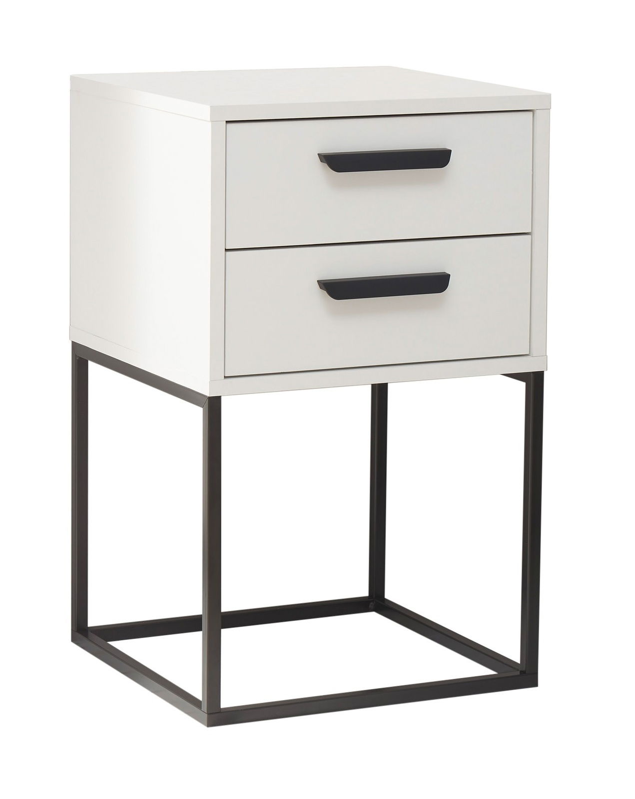 Moderne Nachtkommode mit zwei Schubladen, weißem Korpus und schwarzem Metallgestell, seitliche Perspektive