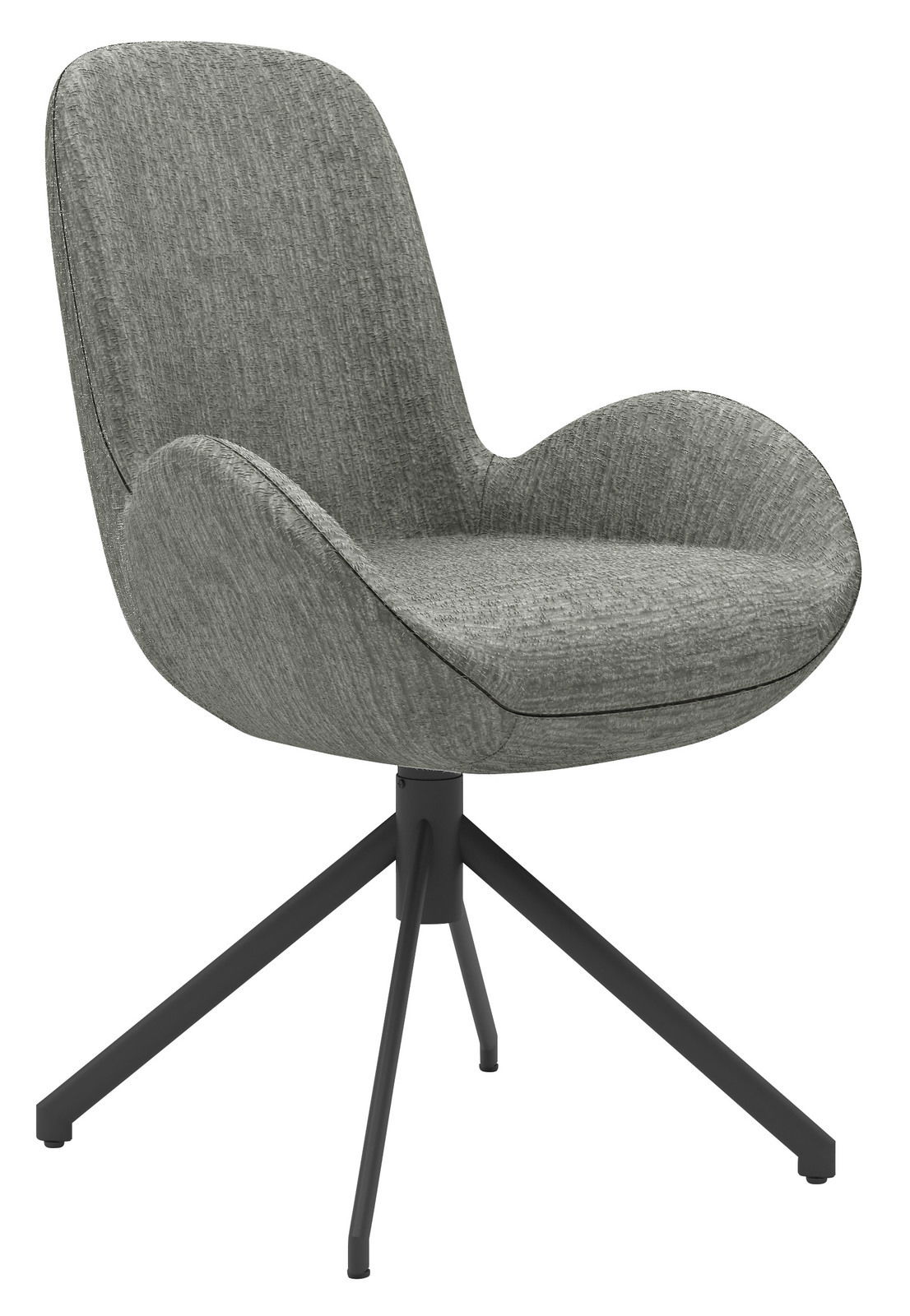 Grauer Armlehnstuhl mit Stoffbezug und schwarzem Metallgestell, seitliche Perspektive