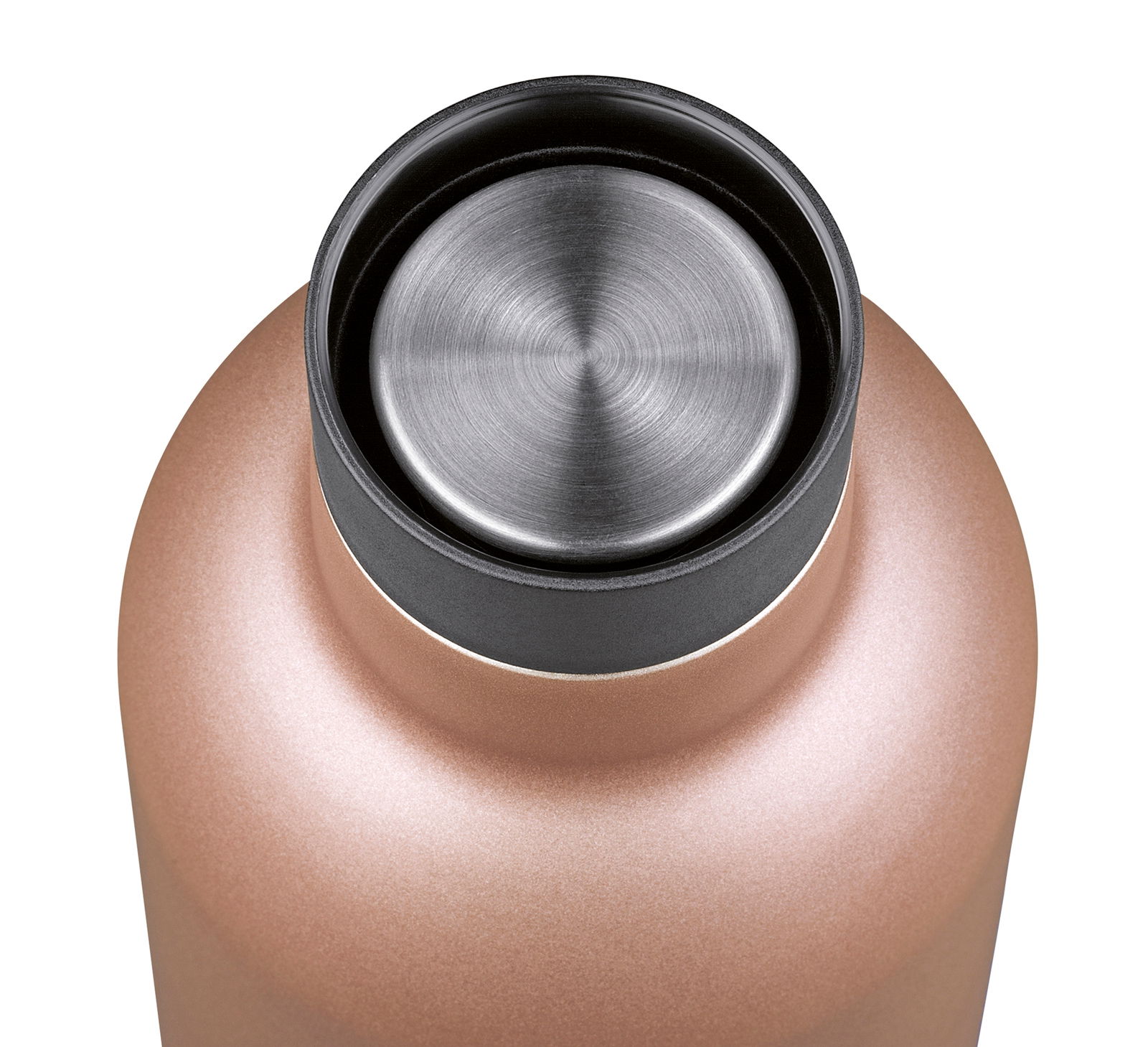 Nahaufnahme einer Isoliertrinkflasche mit Edelstahlverschluss von oben betrachtet.