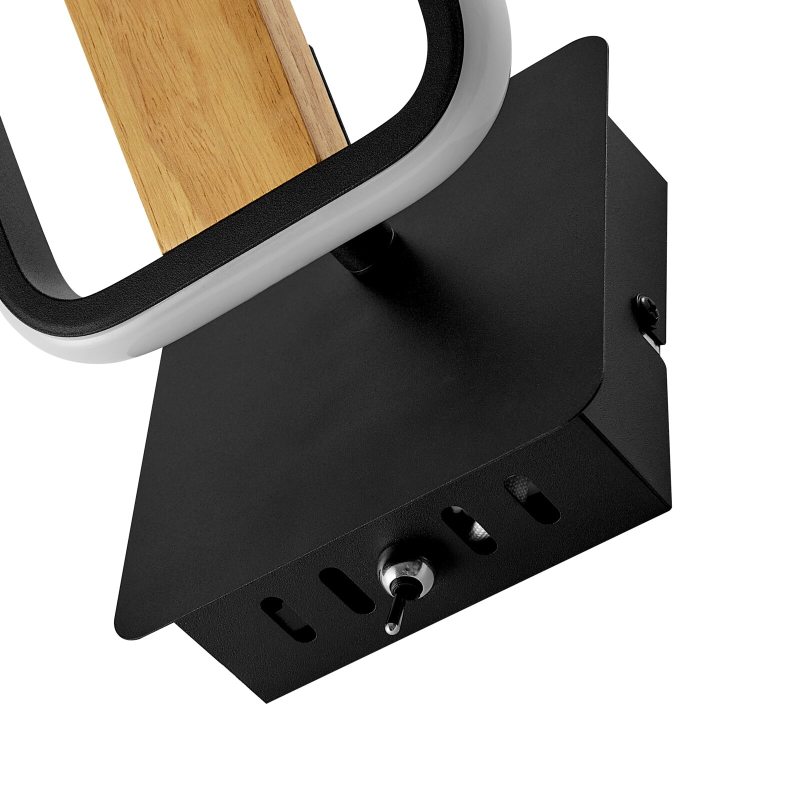 Nahaufnahme einer modernen LED-Wandleuchte in Schwarz mit Holzdetail und ovalem Leuchtring, Unteransicht mit sichtbarer Montageplatte und Kippschalter