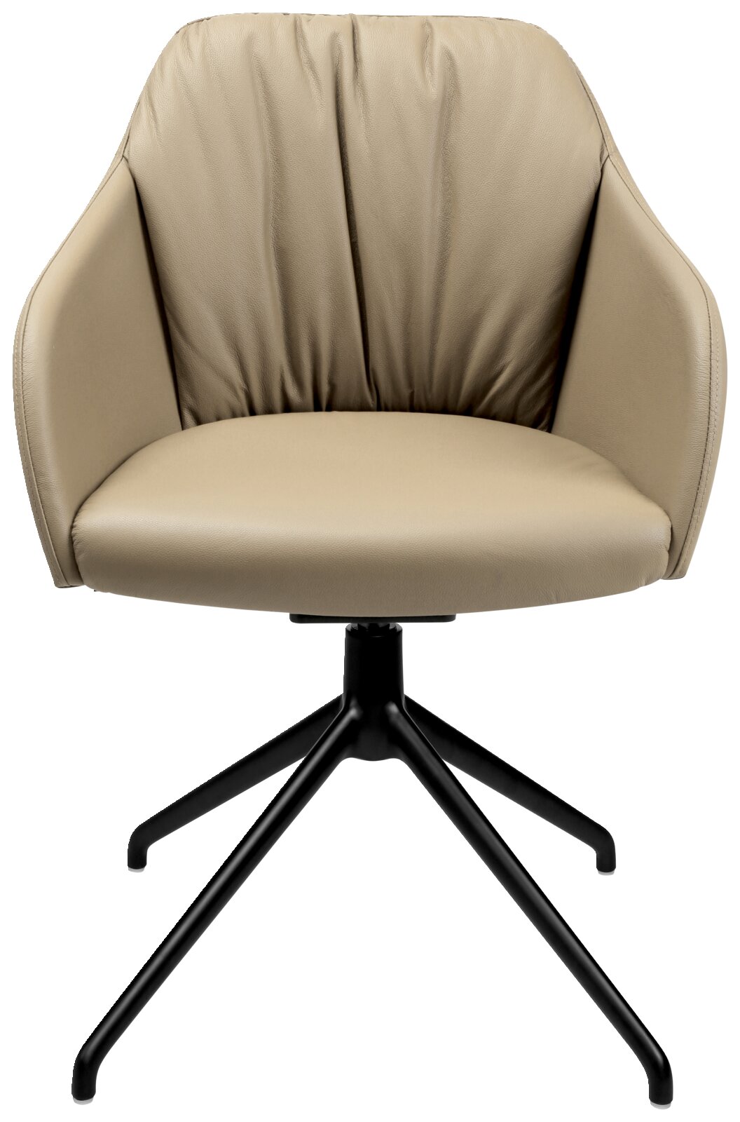 Moderner Armlehnstuhl in Beige mit schwarzem Metallgestell, Frontalansicht