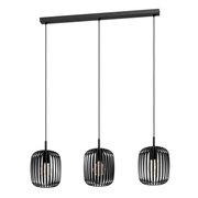 Dreifache Pendelleuchte Romazzina in schwarzem Design, frontal betrachtet, mit drei hängenden Lampenschirmen in Gitteroptik.