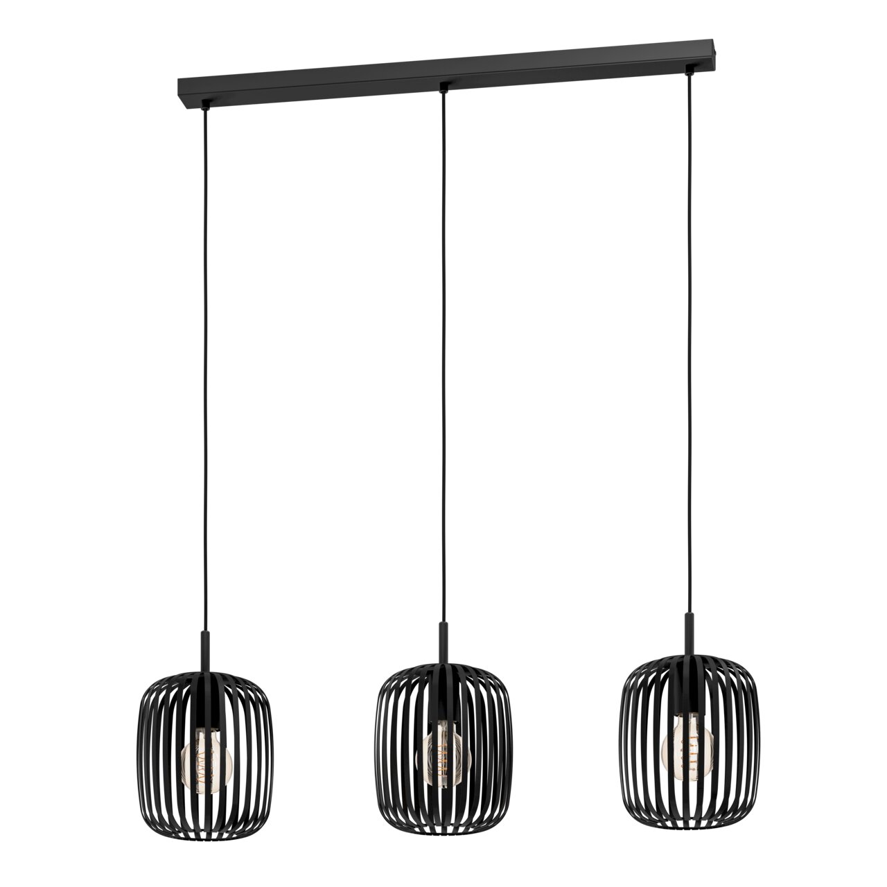 Dreifache Pendelleuchte Romazzina in schwarzem Design, frontal betrachtet, mit drei hängenden Lampenschirmen in Gitteroptik.