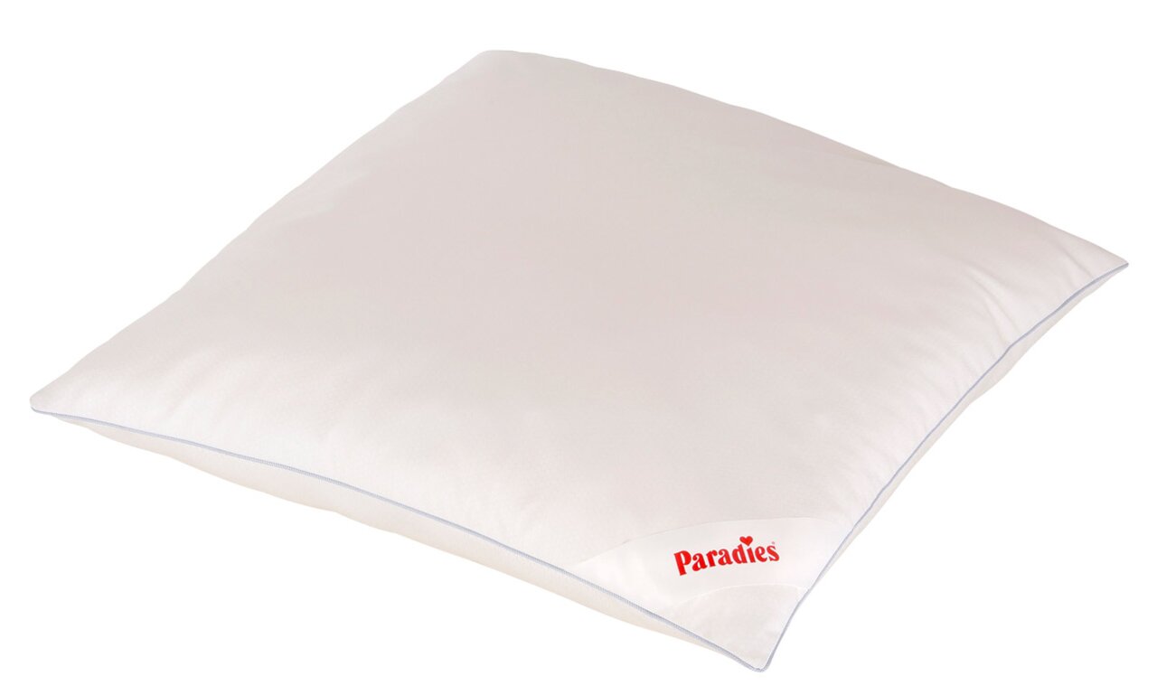 Paradies Kopfkissen SOFTY COOL BIO Weißes Kopfkissen mit rotem 'Paradies'-Logo, schräg von oben fotografiert.