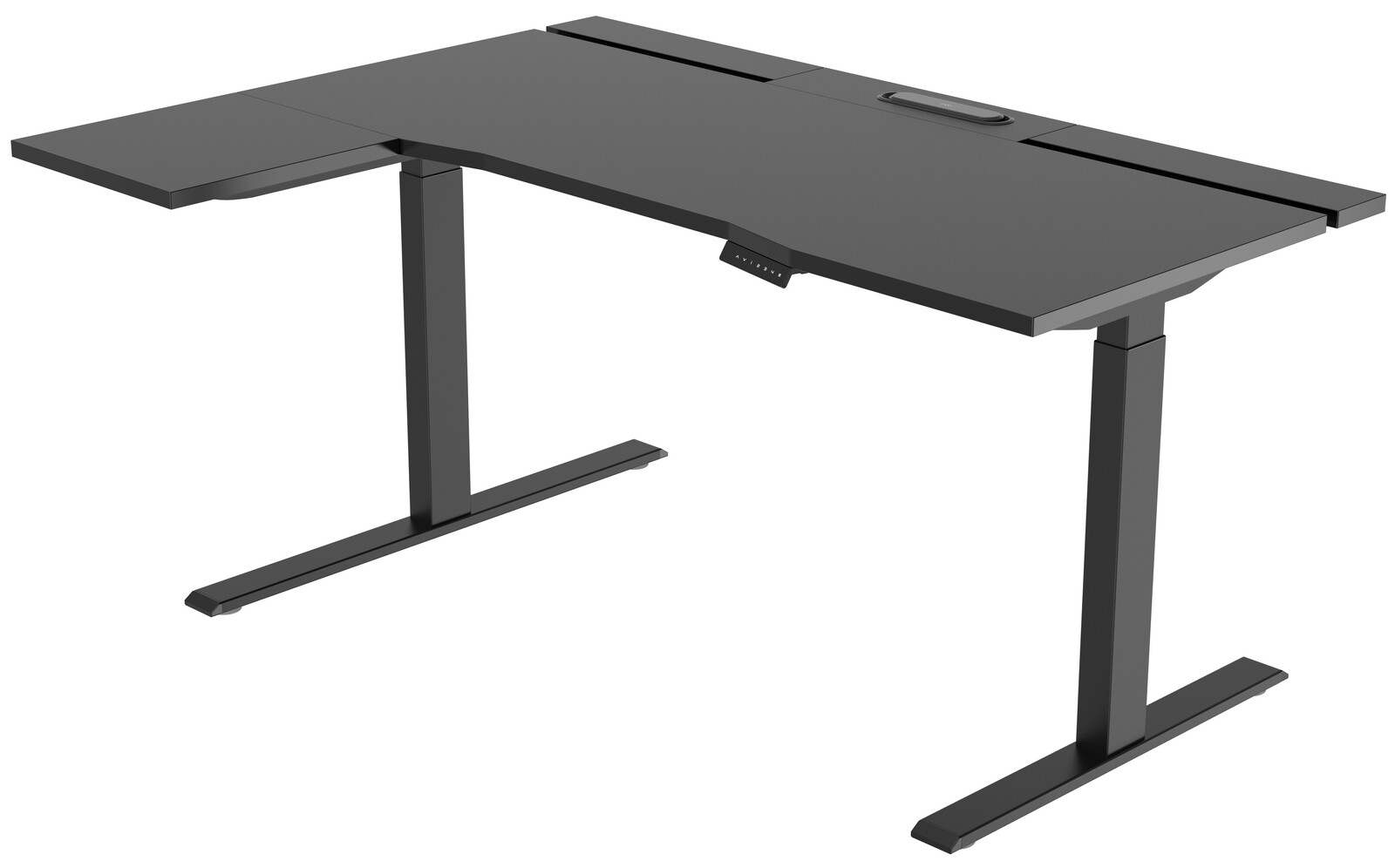 Moderner schwarzer E-Schreibtisch mit L-förmiger Tischplatte und höhenverstellbaren Beinen, seitliche Perspektive