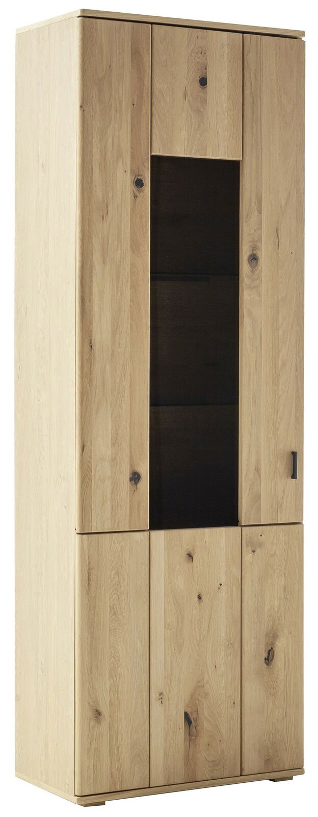 Vitrine aus hellem Holz mit Glaseinsatz in der Frontansicht
