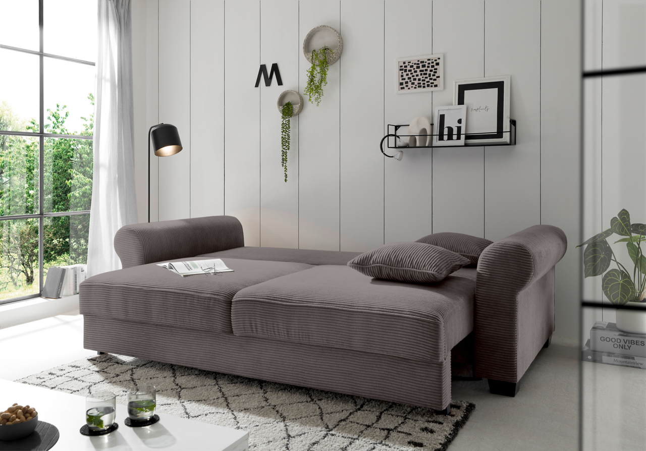 Graues Funktionssofa in einem modernen Wohnzimmer, seitliche Perspektive, mit dekorativen Kissen und Pflanzen im Hintergrund.