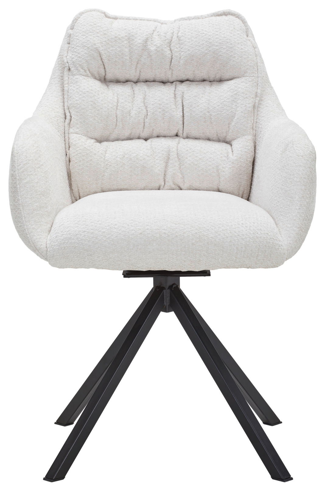 Frontansicht eines modernen Armlehnstuhls mit weißem, gepolstertem Stoffbezug und schwarzen Metallbeinen.