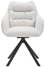 Frontansicht eines modernen Armlehnstuhls mit weißem, gepolstertem Stoffbezug und schwarzen Metallbeinen.