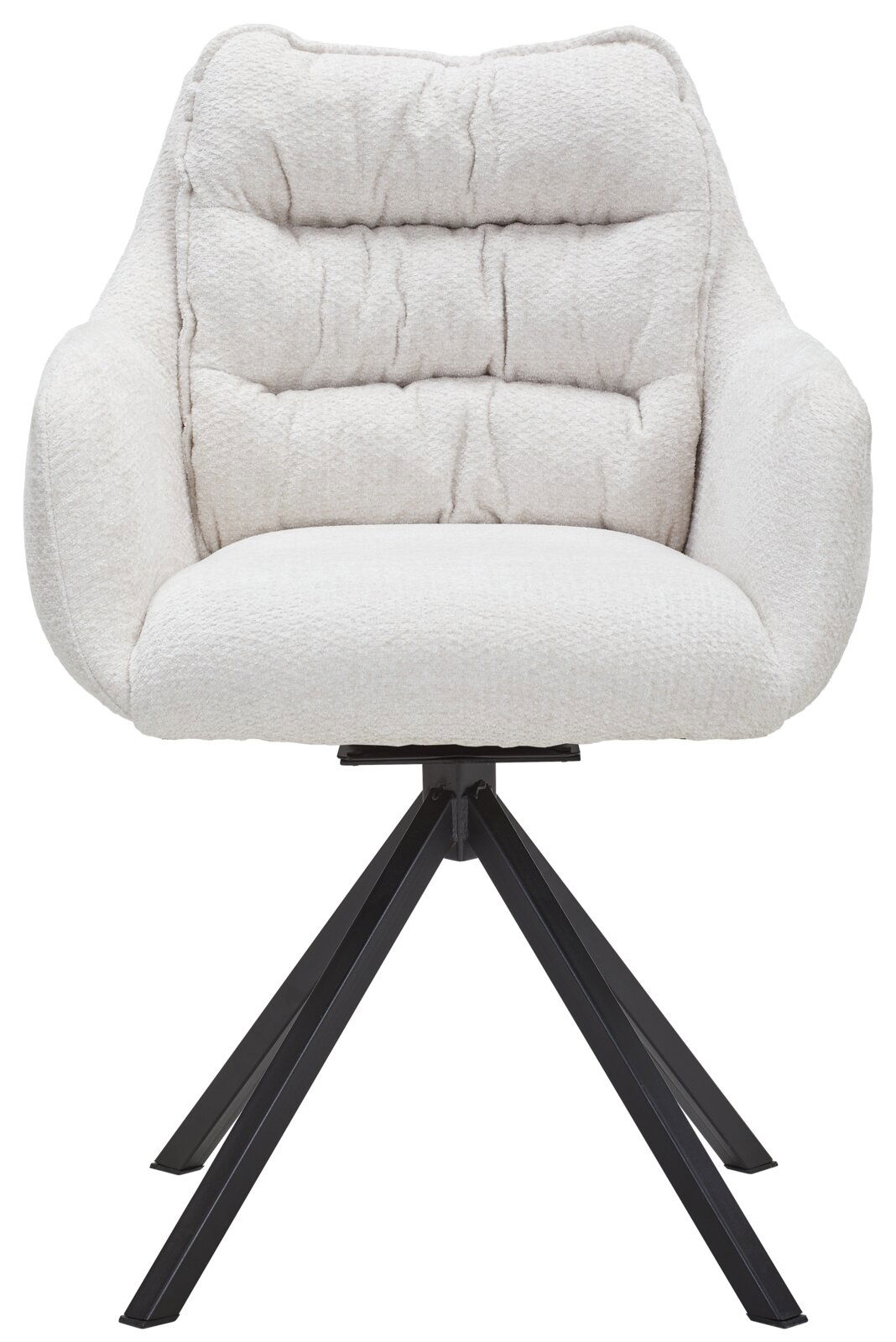 Frontansicht eines modernen Armlehnstuhls mit weißem, gepolstertem Stoffbezug und schwarzen Metallbeinen.