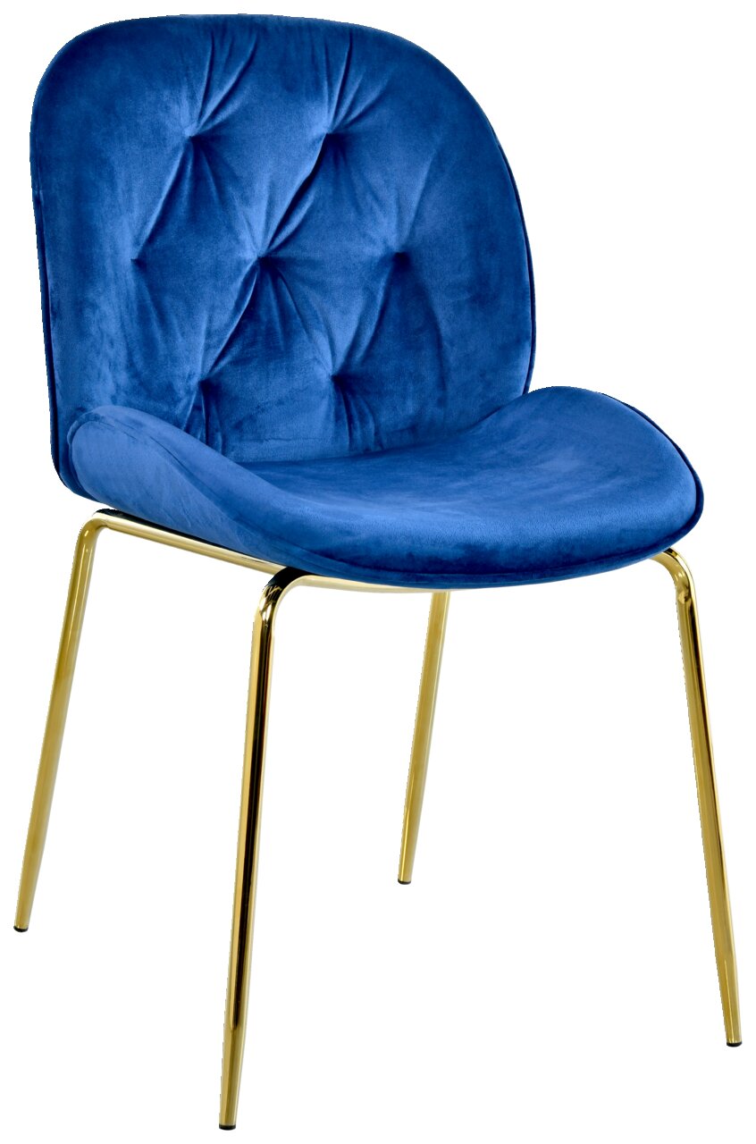 Blauer Samtstuhl mit goldenen Metallbeinen, Vorderansicht