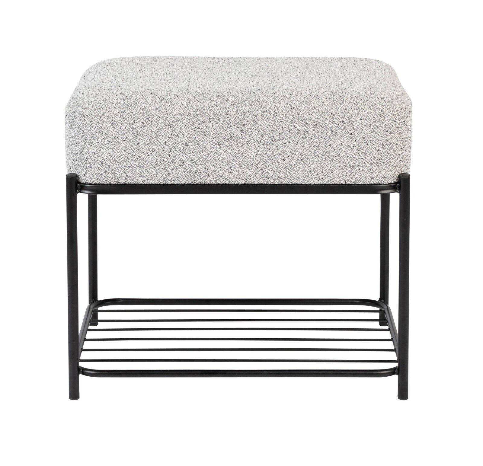 Moderner Hocker mit gepolsterter Sitzfläche in Grau und schwarzem Metallgestell, Vorderansicht.