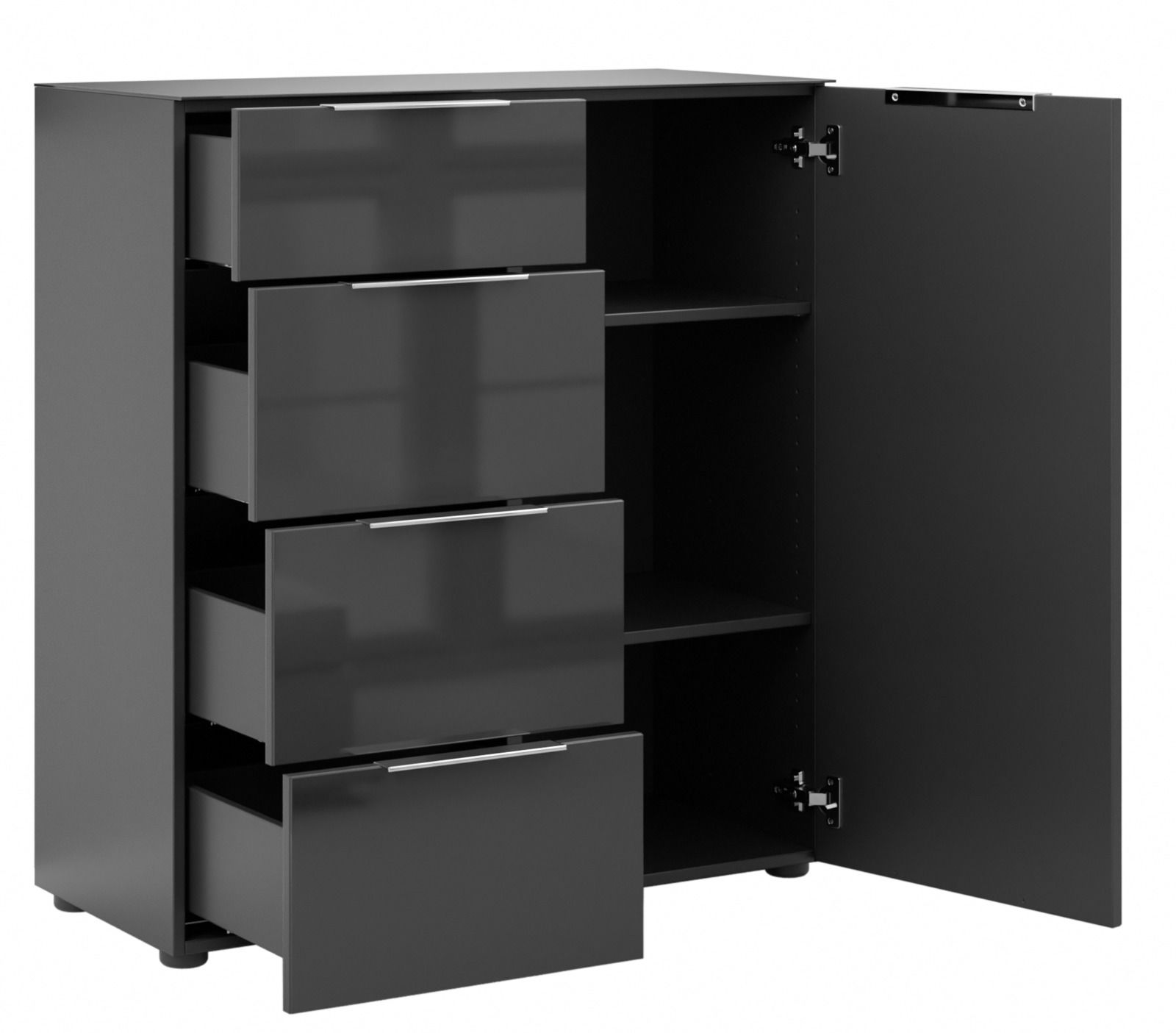 Moderne schwarze Kommode mit drei offenen Schubladen und einer geöffneten Tür, die zwei Regalböden zeigt. Perspektive von vorne links.
