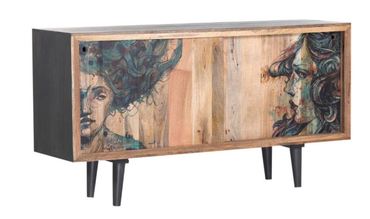 Z2 Dressoir VENICE Sideboard mit künstlerisch gestalteten Schiebetüren, die Porträts in lebendigen Farben zeigen, aus einer frontalen Perspektive.