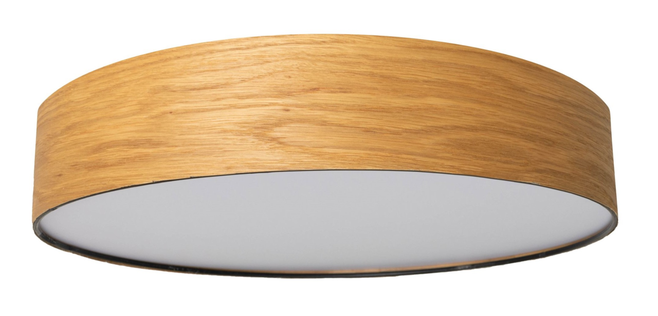 Runde Deckenleuchte mit Holzoptik, seitliche Perspektive