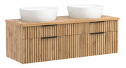 Frontale Ansicht eines modernen Waschtisch-Sets mit zwei weißen Aufsatzwaschbecken auf einer Holzoberfläche mit vertikalen Streifen.
