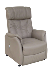 Beiger Fernsehsessel in Frontalansicht mit gepolstertem Kopfteil und Armlehnen.