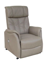 Beiger Fernsehsessel in Frontalansicht mit gepolstertem Kopfteil und Armlehnen.