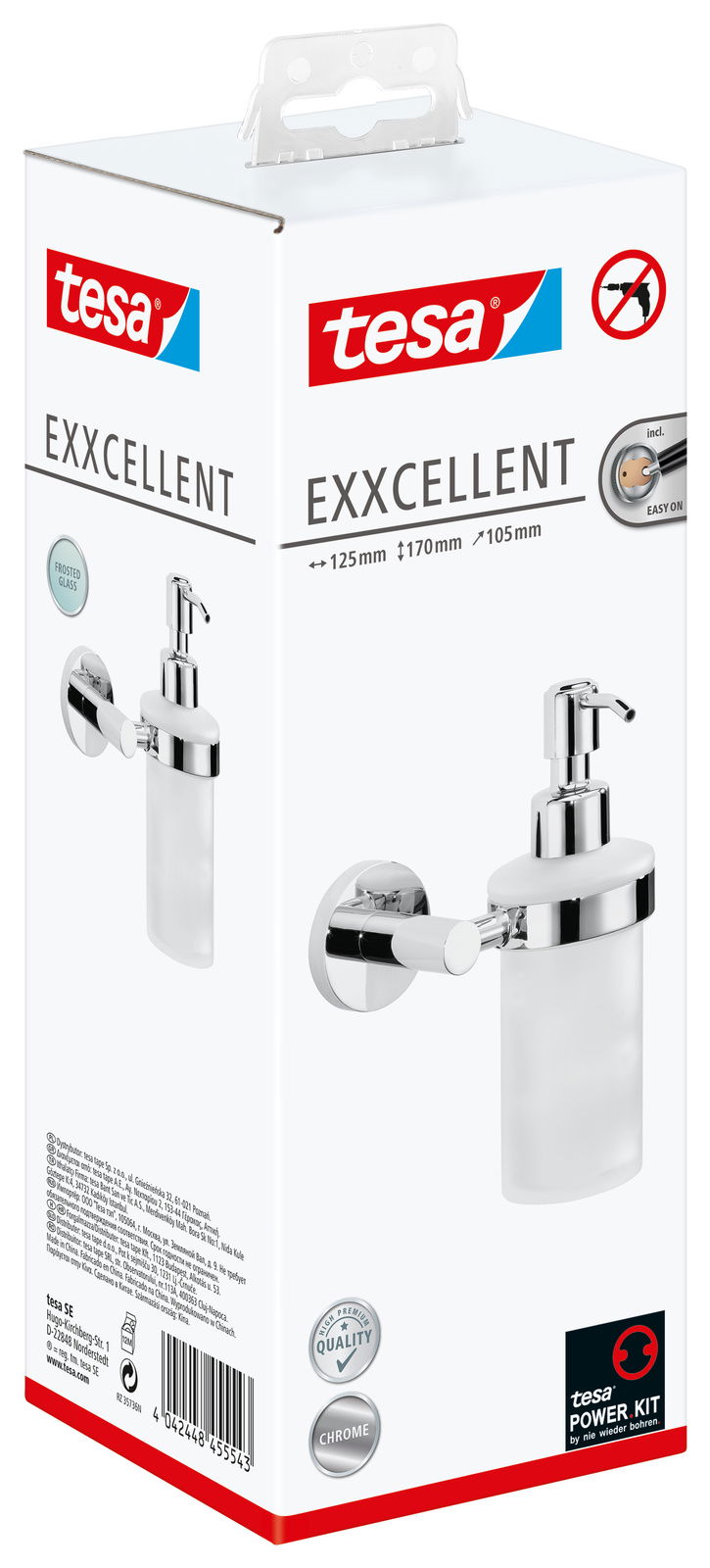 Verpackung des tesa Exxcellent Seifenspenders, Vorderansicht, mit glänzendem Chrom-Design und mattiertem Glasbehälter.