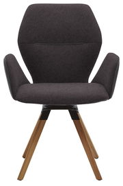 Moderner Armlehnenstuhl mit dunklem Stoffbezug und Holzbeinen, Frontalansicht