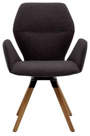 Moderner Armlehnenstuhl mit dunklem Stoffbezug und Holzbeinen, Frontalansicht