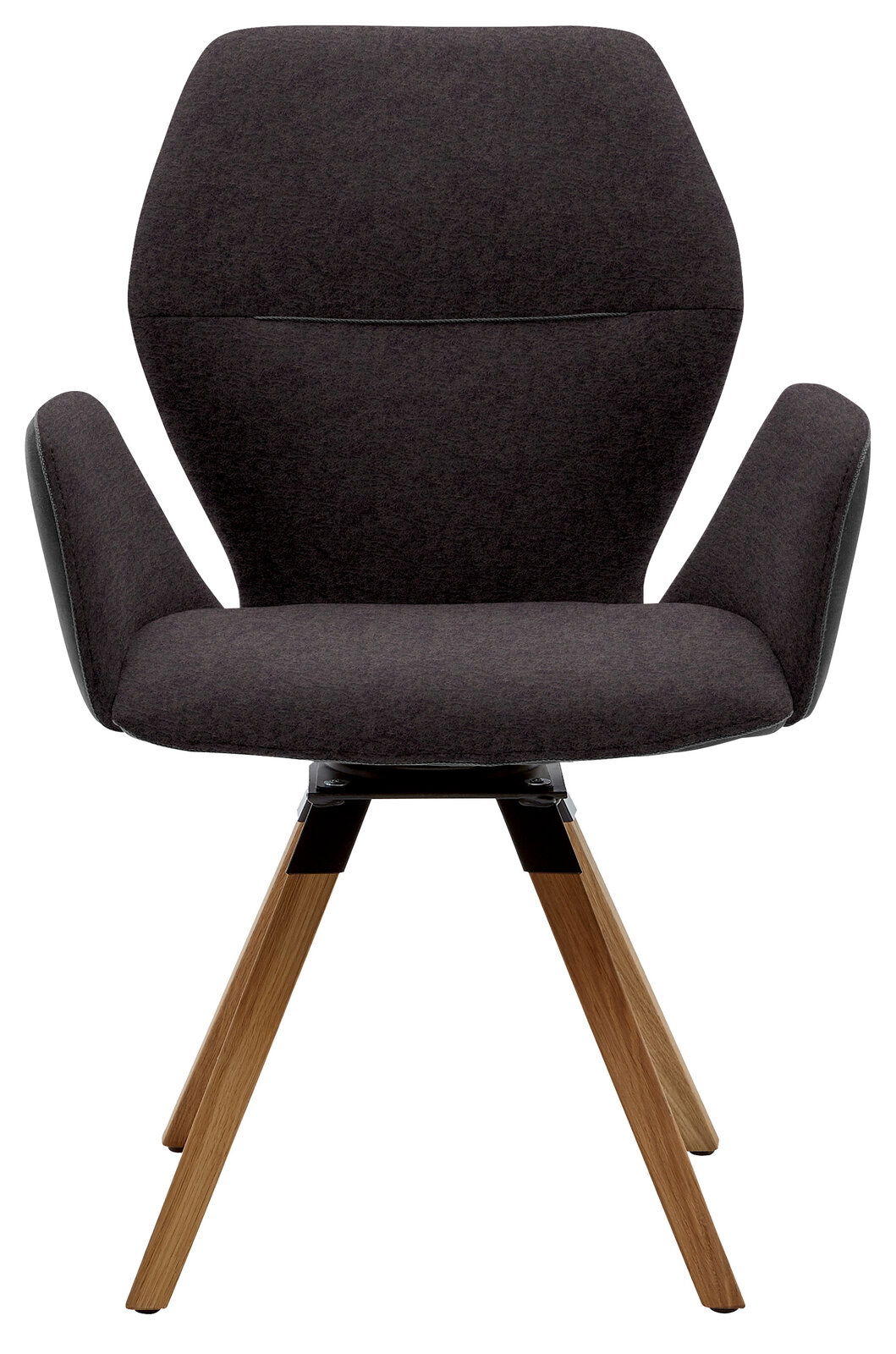 Moderner Armlehnenstuhl mit dunklem Stoffbezug und Holzbeinen, Frontalansicht
