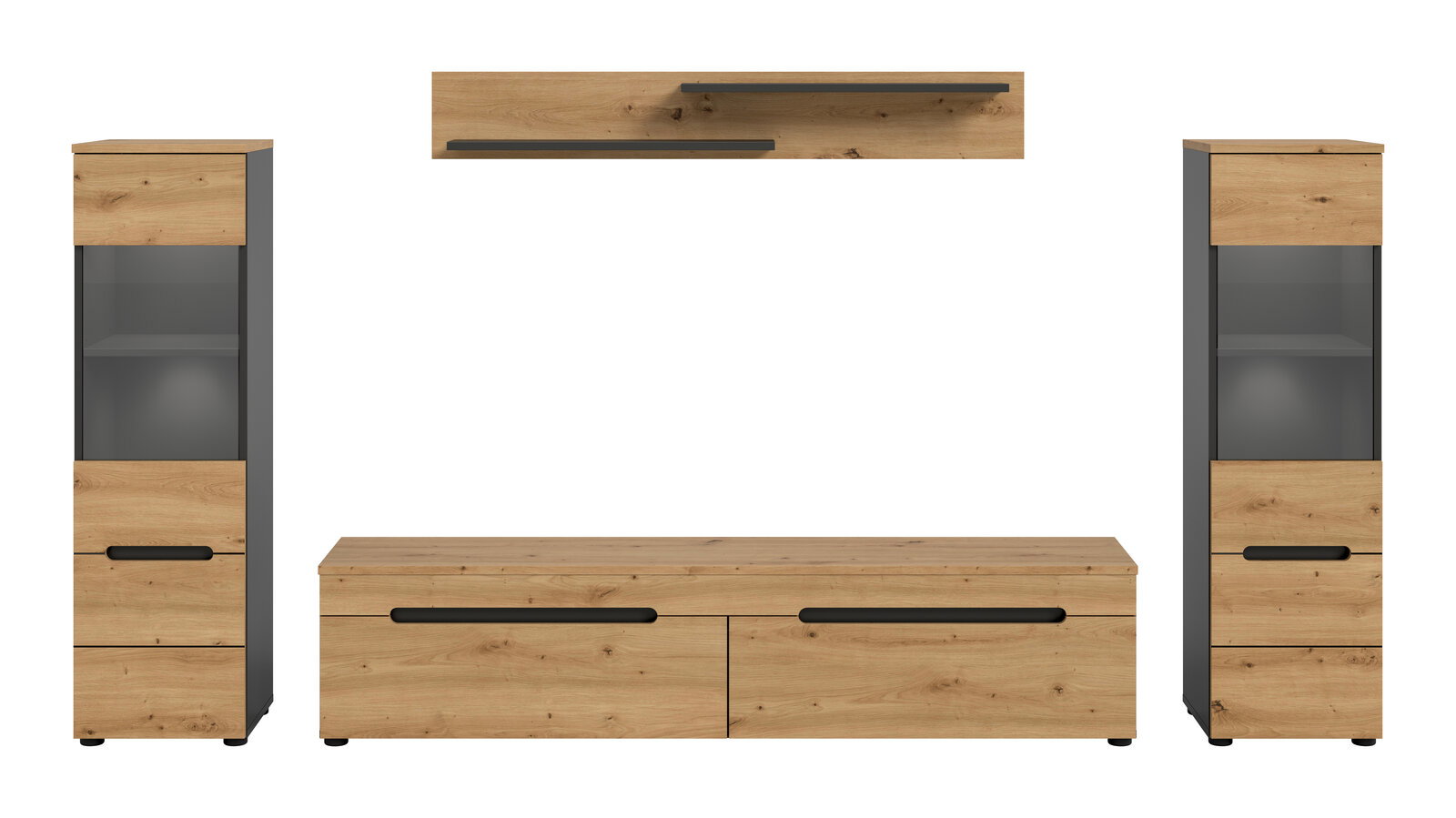 Wohnwand-Set im modernen Design mit TV-Lowboard, zwei Vitrinenschränken und Wandboard in Holzoptik mit anthrazitfarbenen Elementen, Frontansicht