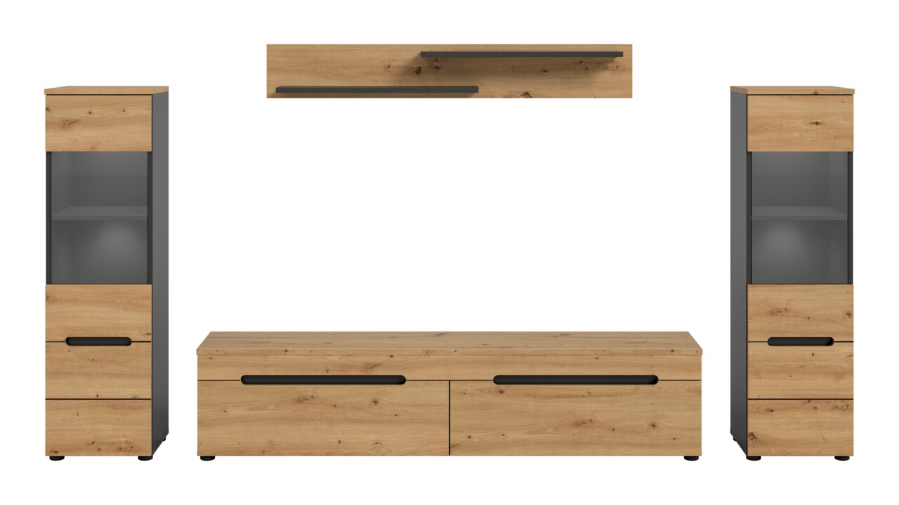 Wohnwand-Set im modernen Design mit TV-Lowboard, zwei Vitrinenschränken und Wandboard in Holzoptik mit anthrazitfarbenen Elementen, Frontansicht