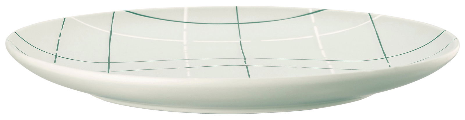 Flacher Teller mit grünem Linienmuster, seitliche Perspektive