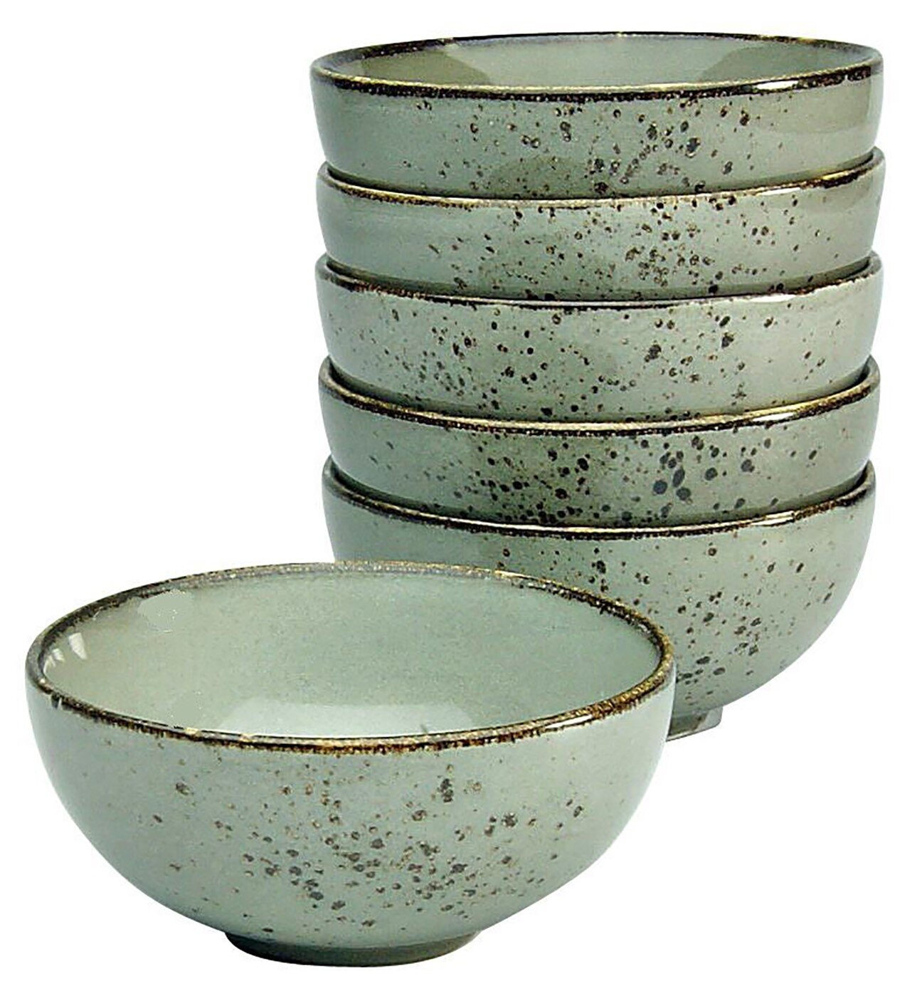 Creatable Dipschale 6-tlg NATURE COLLECTION Stapel aus sechs gesprenkelten Keramik-Schalen in Hellgrau mit braunem Rand, eine Schale davor; Perspektive: leicht erhöhte Frontansicht.