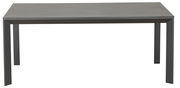Moderner rechteckiger Gartentisch aus Metall in grauer Farbe, frontal fotografiert.