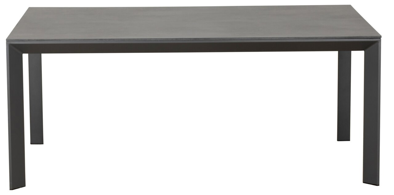 Moderner rechteckiger Gartentisch aus Metall in grauer Farbe, frontal fotografiert.
