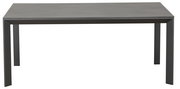 Moderner rechteckiger Gartentisch aus Metall in grauer Farbe, frontal fotografiert.