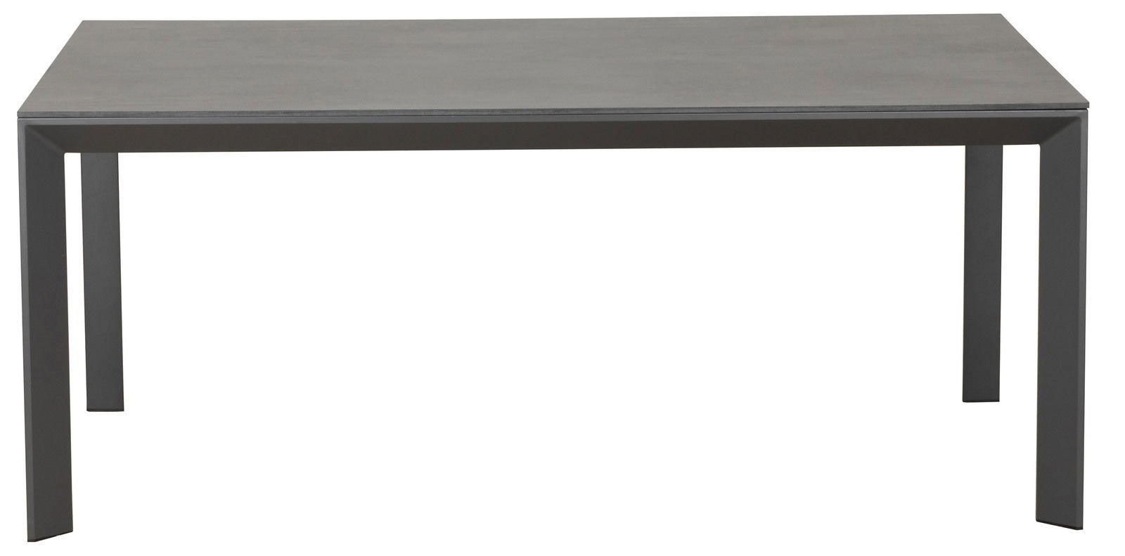Moderner rechteckiger Gartentisch aus Metall in grauer Farbe, frontal fotografiert.