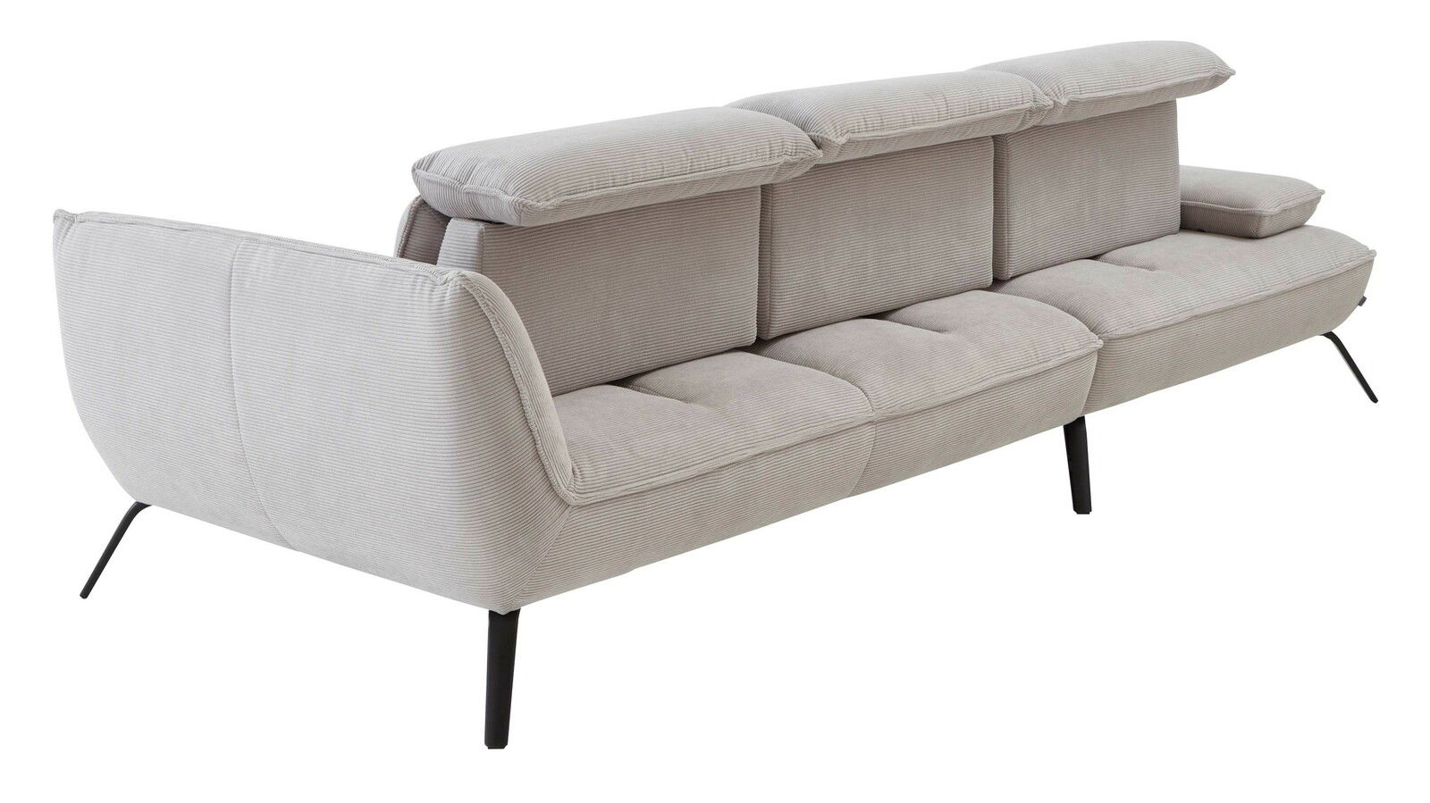 Rückansicht einer modernen Longchairkombination in hellgrauem Stoff mit schwarzen Metallbeinen.