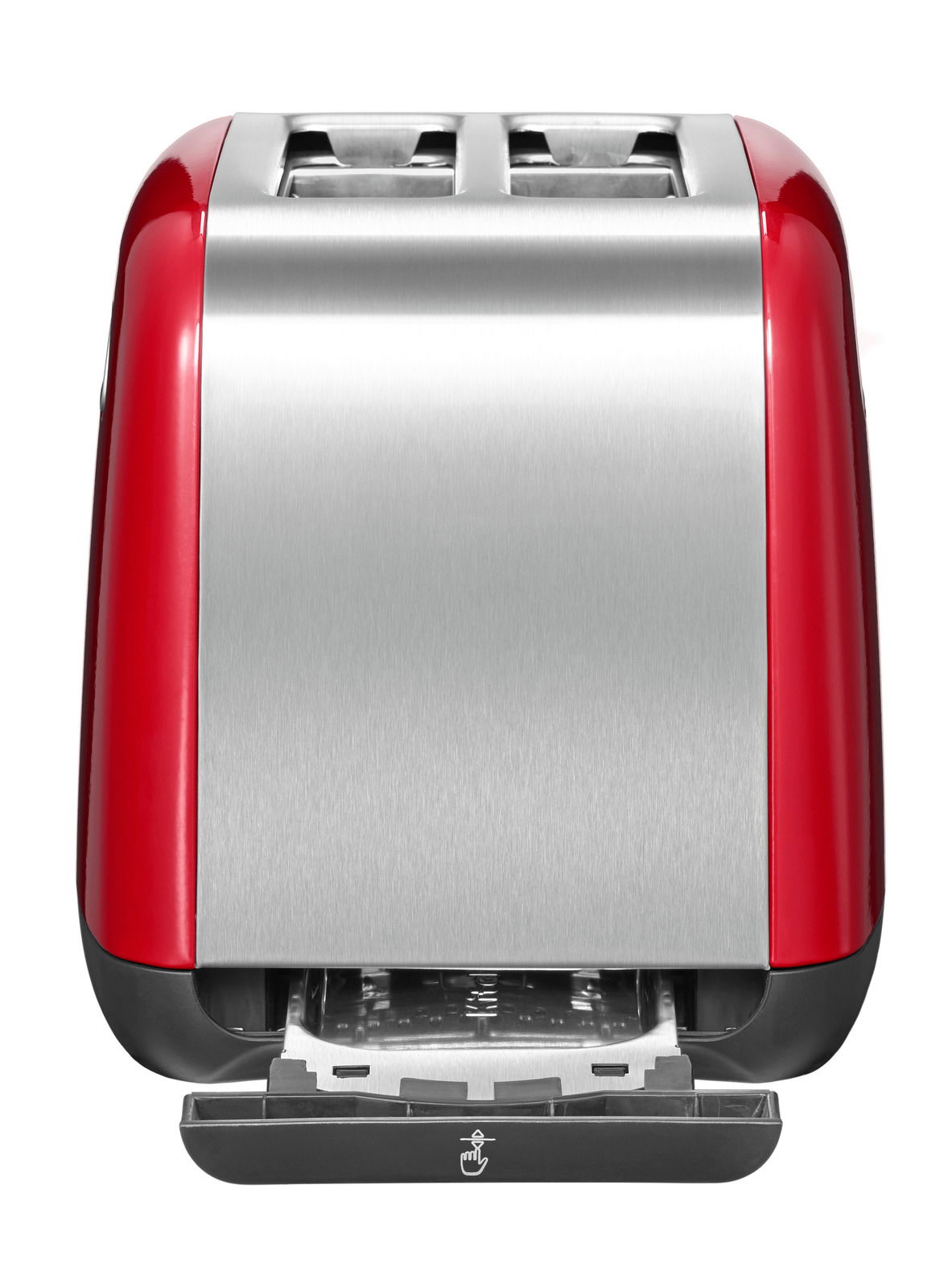 Roter und silberner 2-Scheiben-Toaster von Kitchen Aid, Vorderansicht mit herausziehbarer Krümelschublade.