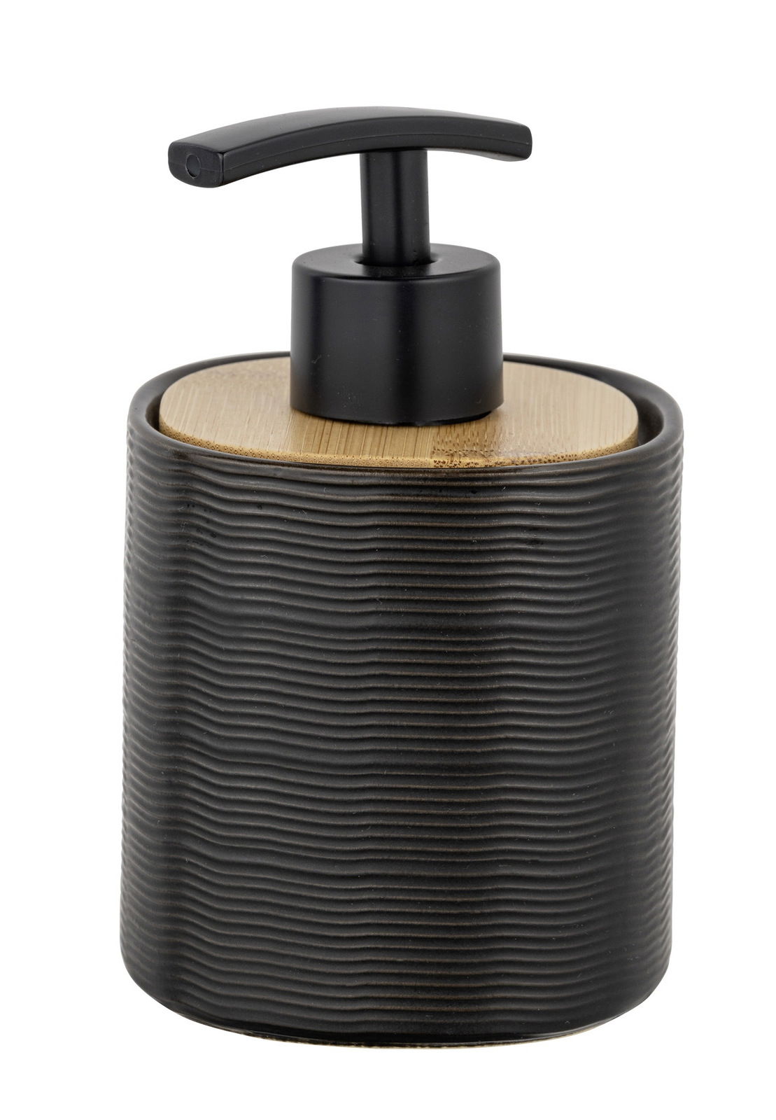 Keramik Seifenspender Zena in schwarzer Farbe mit geriffelter Oberfläche und Holzdeckel, seitliche Perspektive