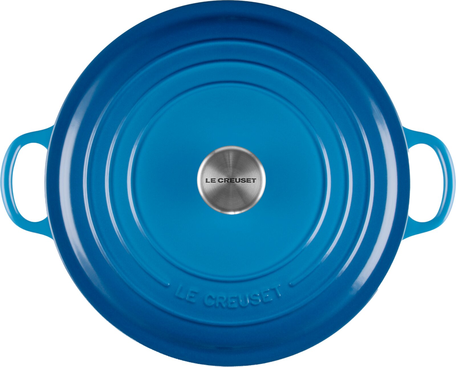 Bovenaanzicht van een ronde blauwe Le Creuset braadpan met deksel, twee handgrepen en een roestvrijstalen knop