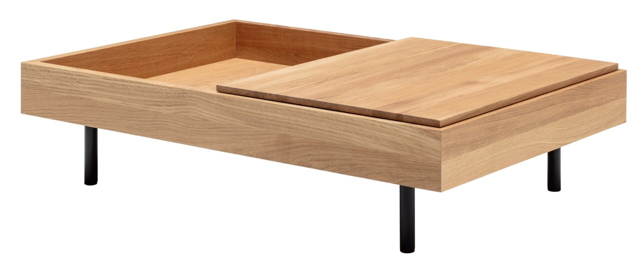 Moderner Couchtisch aus hellem Holz mit schwarzem Metallgestell, seitliche Perspektive.