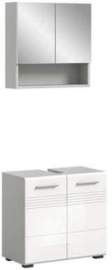 Badezimmerkombination bestehend aus einem weißen Unterschrank mit zwei Türen und einem darüber hängenden Spiegelschrank mit zwei Türen, seitliche Perspektive.