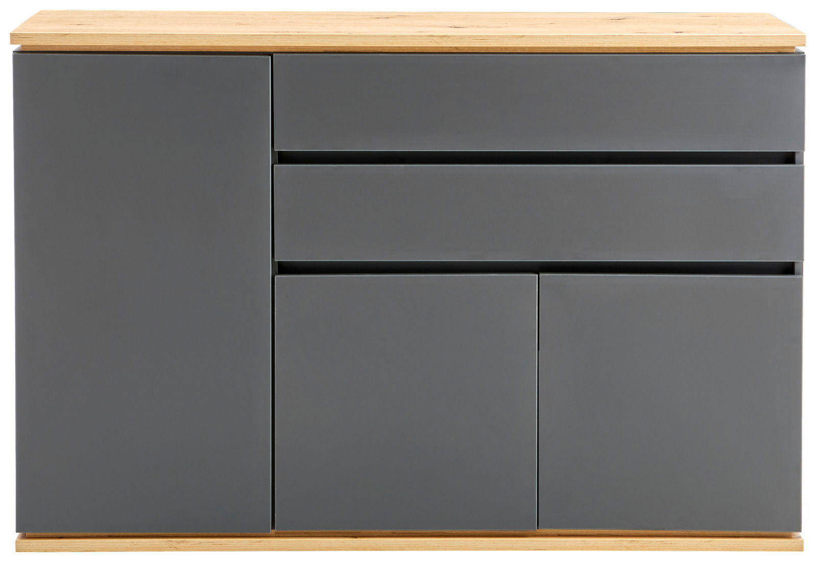 Frontale Ansicht einer modernen Kommode mit grauen Türen und Schubladen, sowie einer Holzoberfläche.