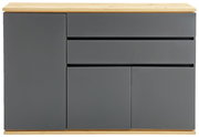 Frontale Ansicht einer modernen Kommode mit grauen Türen und Schubladen, sowie einer Holzoberfläche.