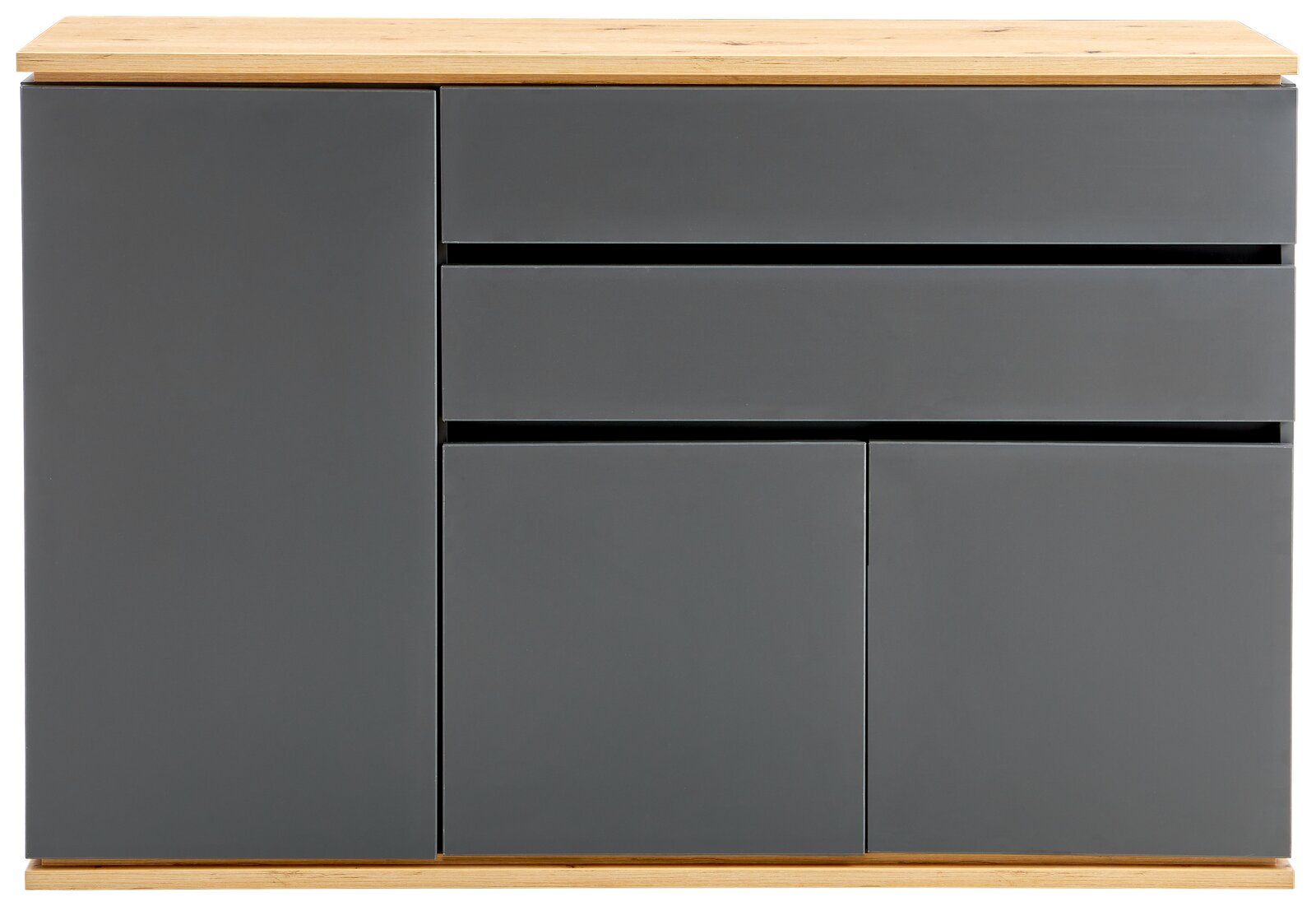 Frontale Ansicht einer modernen Kommode mit grauen Türen und Schubladen, sowie einer Holzoberfläche.