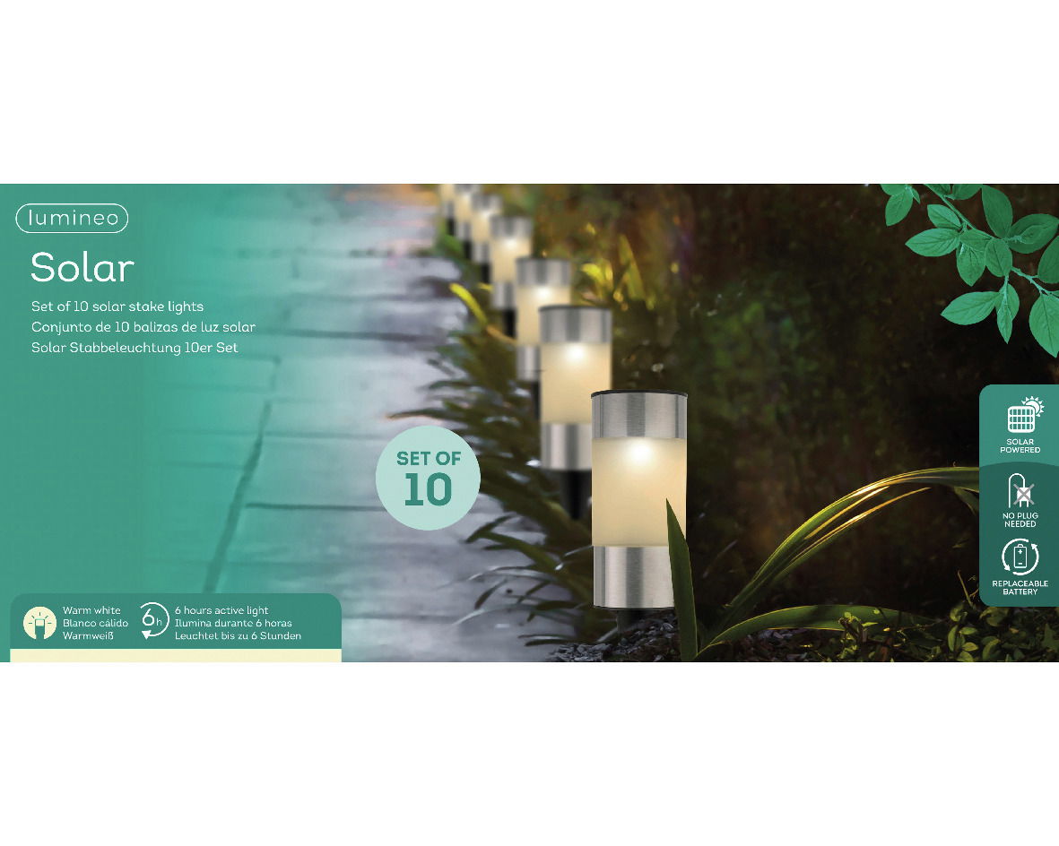 Perspektive von der Seite: Set von 10 Solar Stabbeleuchten aus Edelstahl, warmweißes Licht, solarbetrieben, keine Steckdose erforderlich, mit austauschbarer Batterie.